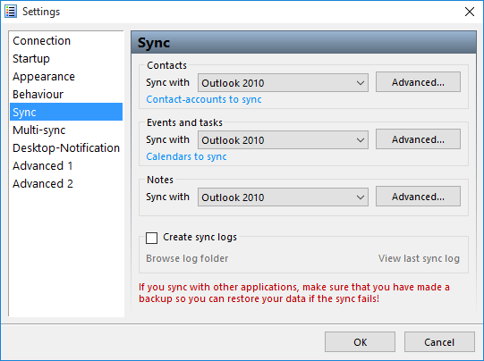 MyPhoneExplorer Sync set to Outlook