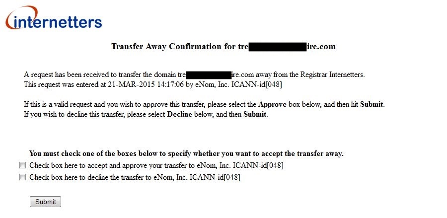 internetters Transfer Away Confirmation