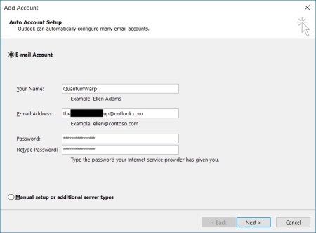 Outlook software - Add Account - Auto Account Setup - Email Account