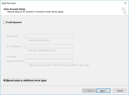 Outlook software - Add Account - Auto Account Setup - Manual setup or additional server types