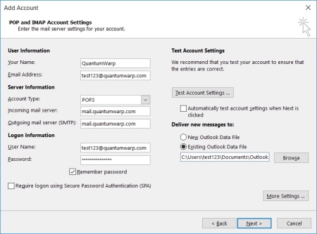 Outlook software - Add Account POP and IMAP Account Settings (filled in)