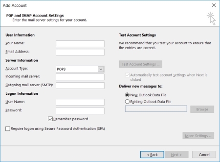 Outlook software - Add Account - POP and IMAP Account Settings