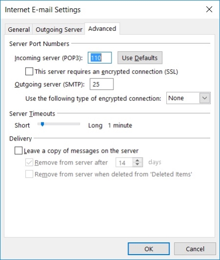 Outlook software - Internet Email Settings - Advanced Tab