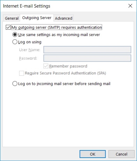 Outlook software - Internet Email Settings - Outgoing Server Tab