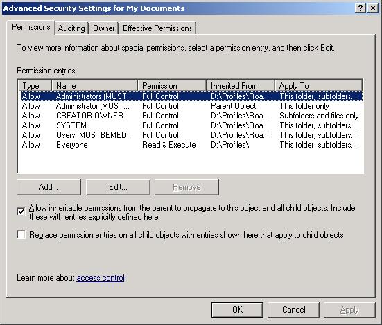 Advanced Security Settings for My Documents