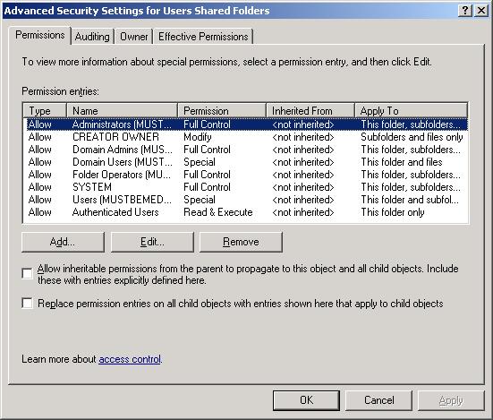 Advanced Security Settings for Users Shared Folders