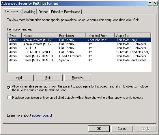 Advanced Security Settings for fax